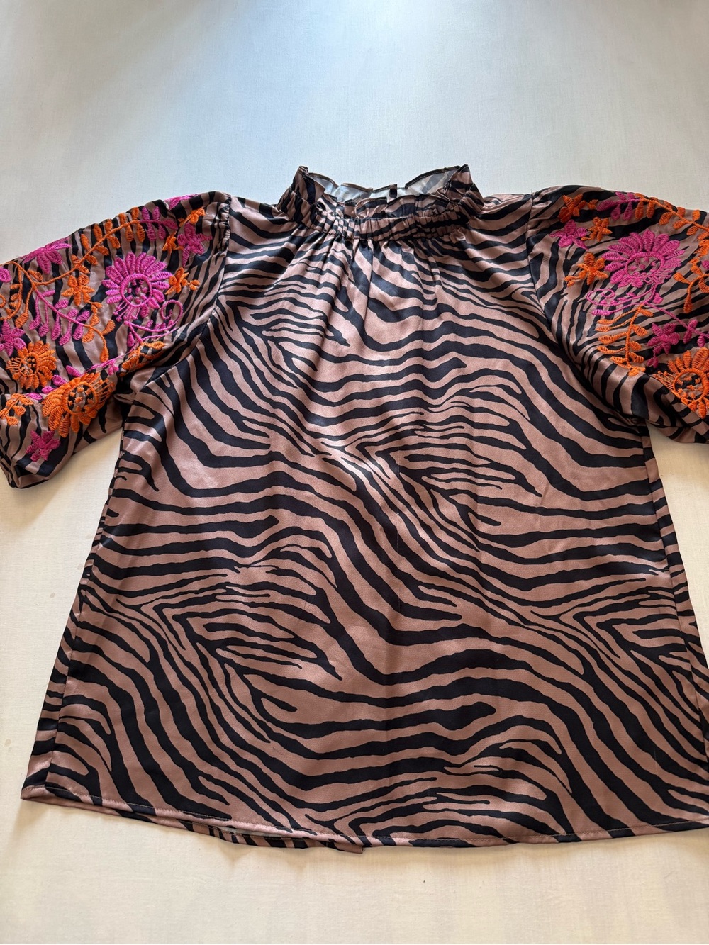 THML Brown & Black Zebra Print Top with Pink & Orange Embroidered Sleeves
